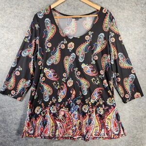 Slinky Brand Women Paisley Hearts Print 3/4 Sleeve Tunic Top Black Multi PXL USA